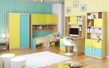 Детская комната Смайли (Желтый/Голубой/Зеленый/корпус Клен) в Новосибирске - mebel54.com | фото