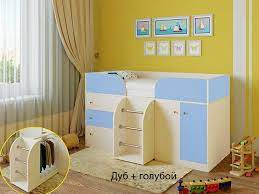Кровать-чердак Малыш-4 Дуб молочный/Голубой в Новосибирске - mebel54.com | фото