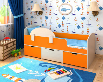 Кровать Малыш-мини с бортиком Дуб молочный/Оранжевый в Новосибирске - mebel54.com | фото
