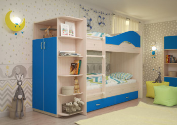Кровать Мая двухъярусная с ящиками и шкафом Млечный дуб/Голубой в Новосибирске - mebel54.com | фото