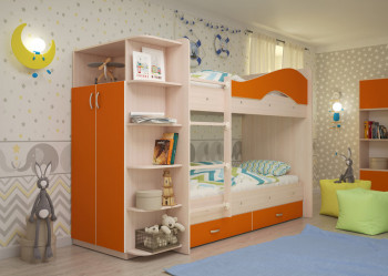 Кровать Мая двухъярусная с ящиками и шкафом Млечный дуб/Оранжевый в Новосибирске - mebel54.com | фото