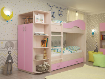 Кровать Мая двухъярусная с ящиками и шкафом Млечный дуб/Розовый в Новосибирске - mebel54.com | фото