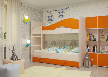 Кровать Мая двухъярусная с ящикамиМлечный дуб/Оранжевый в Новосибирске - mebel54.com | фото