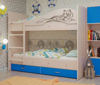Кровать Мая-Сафари двухъярусная с ящикамиМлечный дуб/Голубой в Новосибирске - mebel54.com | фото