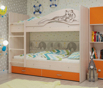 Кровать Мая-Сафари двухъярусная с ящикамиМлечный дуб/Оранжевый в Новосибирске - mebel54.com | фото