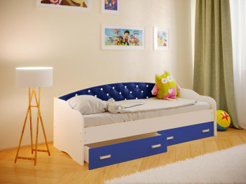 Кровать Софа-7 с мягкой спинкой со стразами (800х1900) Белый/Синий в Новосибирске - mebel54.com | фото