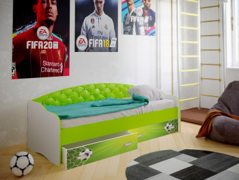 Кровать Софа-8 с мягкой спинкой фотопечать Футбол (900х1900) Белый/Лайм в Новосибирске - mebel54.com | фото