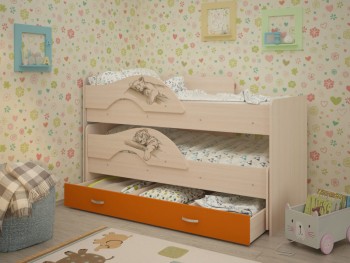Кровать выкатная Радуга-Сафари детская 1600 Млечный дуб/Оранжевый в Новосибирске - mebel54.com | фото