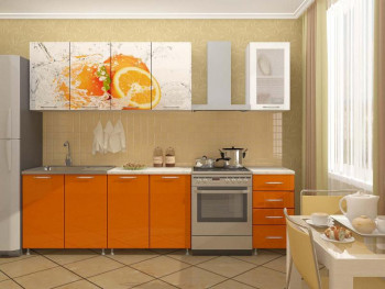 Кухонный гарнитур 1,6м Апельсин (Белый/Оранжевый металлик/Фотопечать апельсин) в Новосибирске - mebel54.com | фото