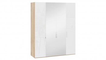 Шкаф комбинированный с 2 глухими и 2 зеркальными дверями «Эмбер» Яблоня Беллуно/Белый глянец в Новосибирске - mebel54.com | фото
